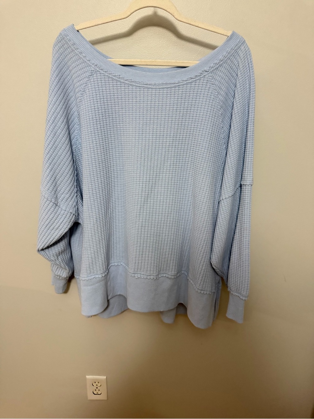 American Eagle Outfitters Light Blue Off-the-Shoulder Waffle Knit Sweater